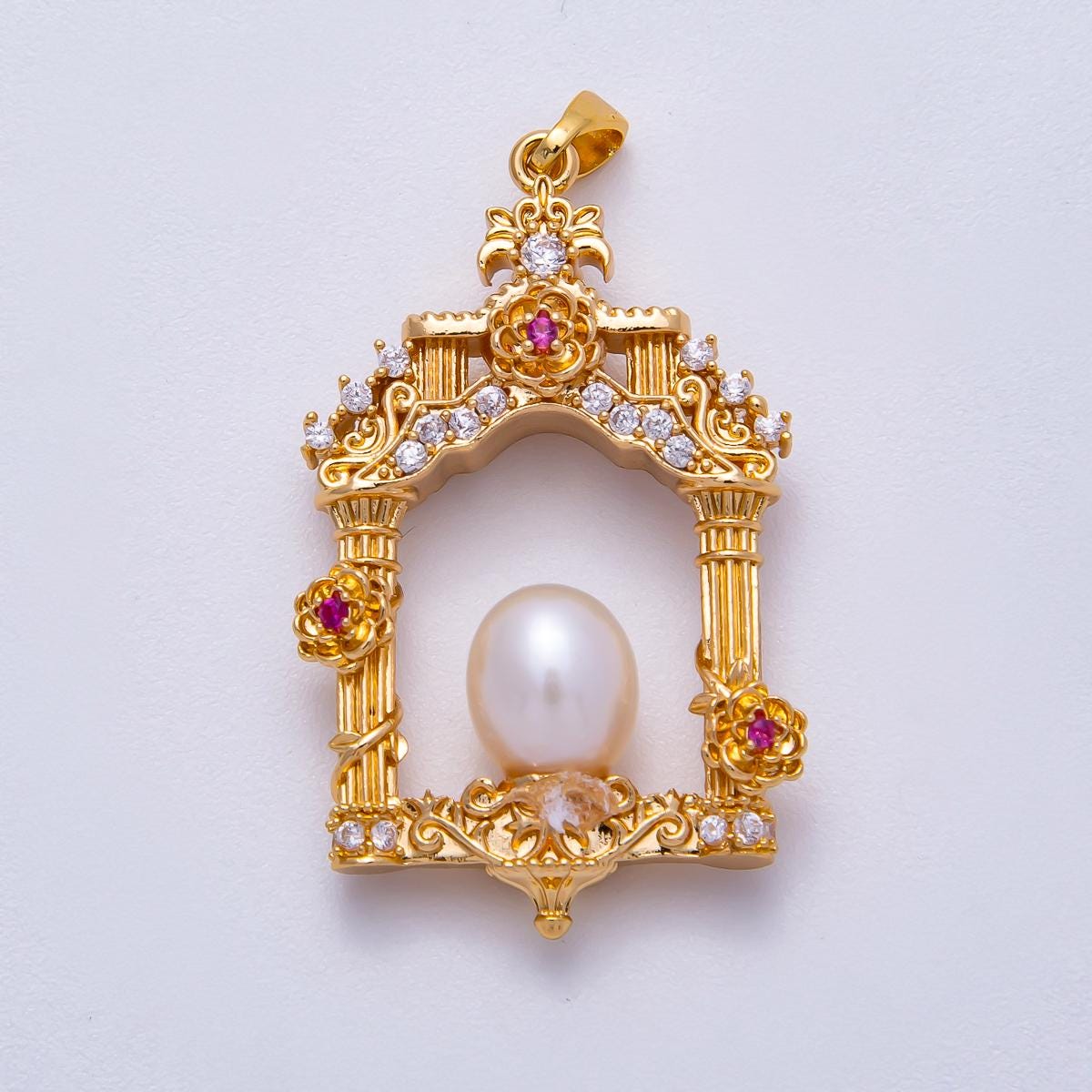 18K Gold Filled 36mm Micro Paved CZ Shell Pearl Artisan Palace Pendant in Gold & Silver Ornate Cathedral Window Gift for her | Charms-0054