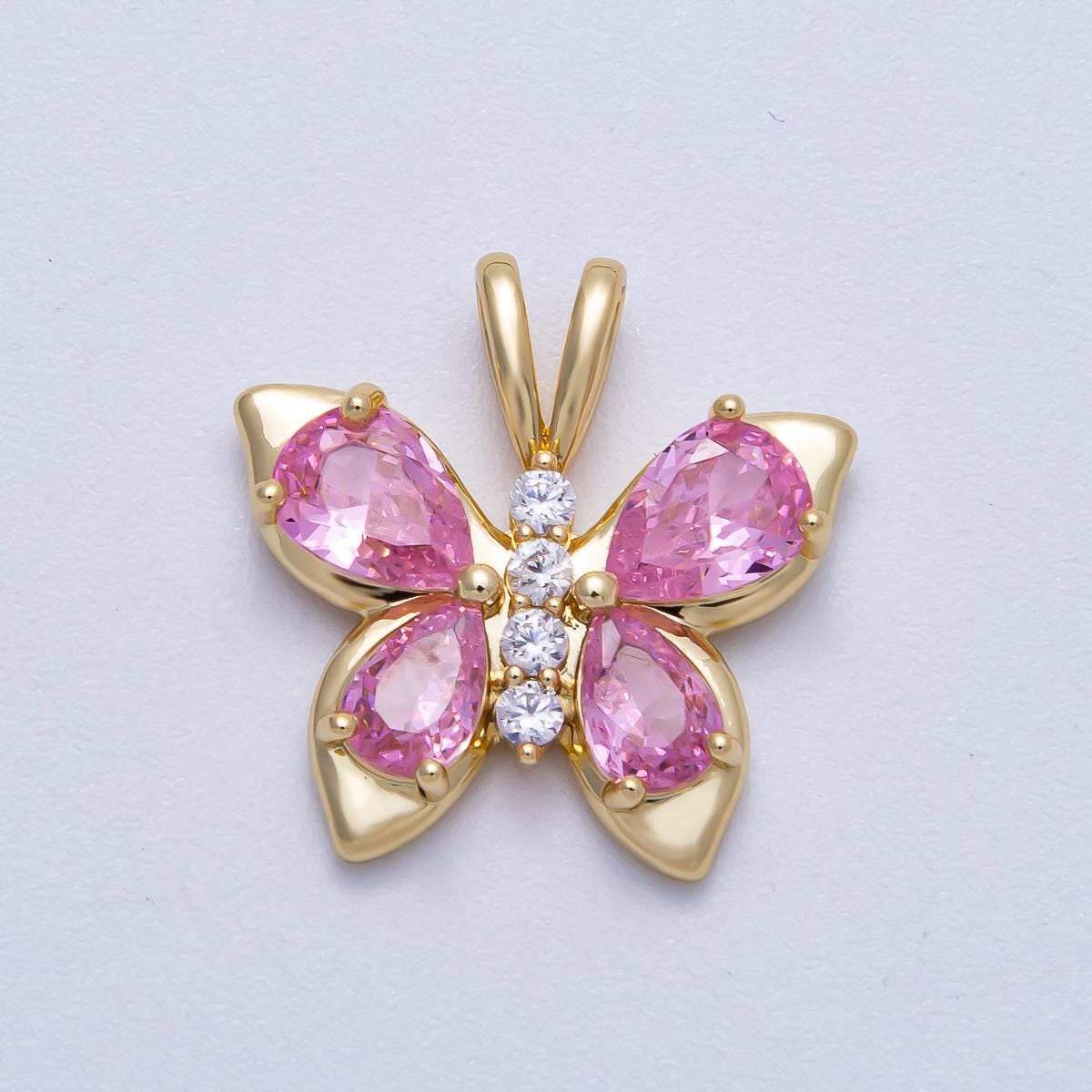 18K Gold Filled 19mm Pink CZ Micro Paved Butterfly Mariposa Animal Pendant Dainty Insect Charm DIY Jewelry Making Supply | Charms-00538