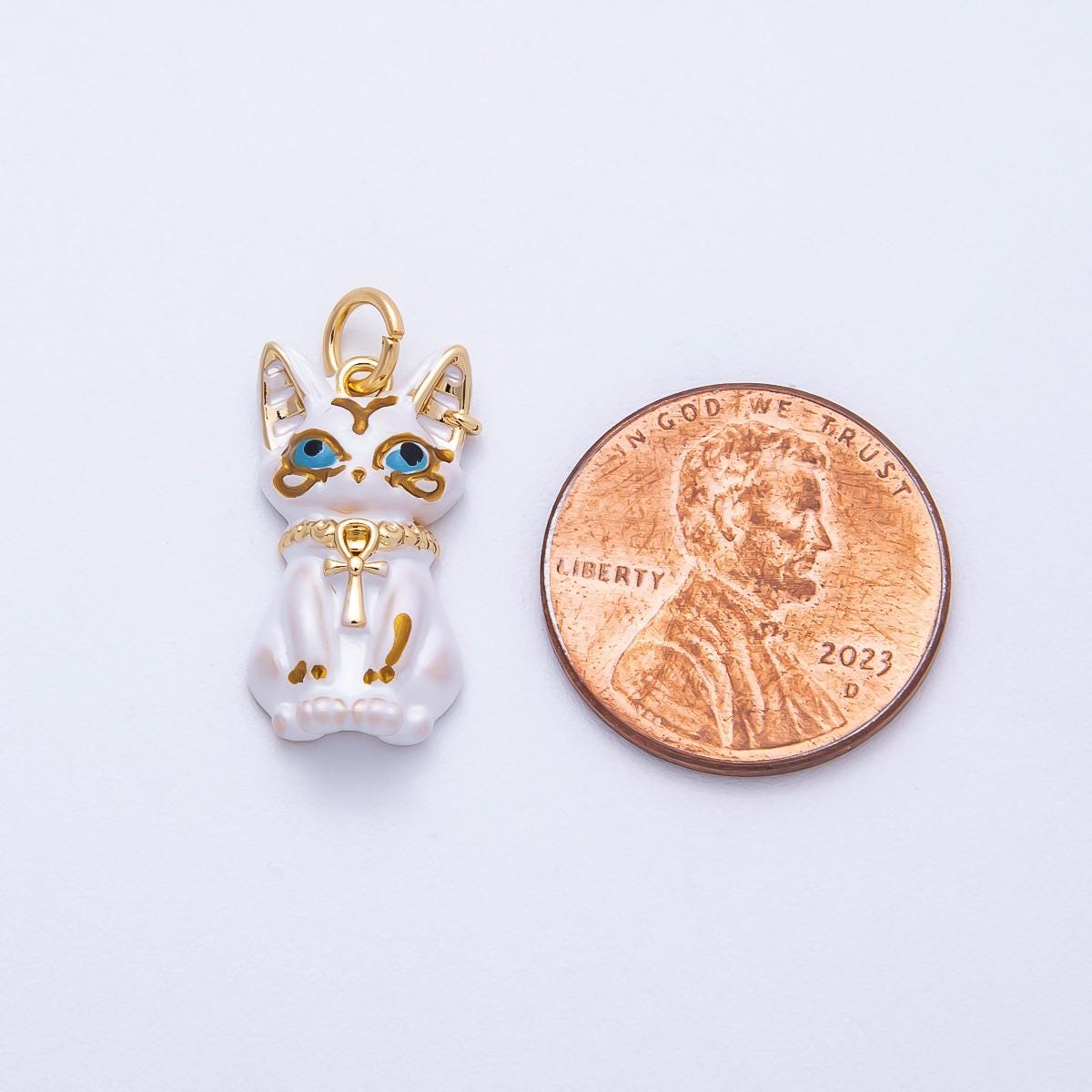 18k Gold Filled 19mm Egyptian Cat Goddess Charm White Enamel Amulet with Blue Eyes Necklace Protector Talisman for Her | CHARMS-00549