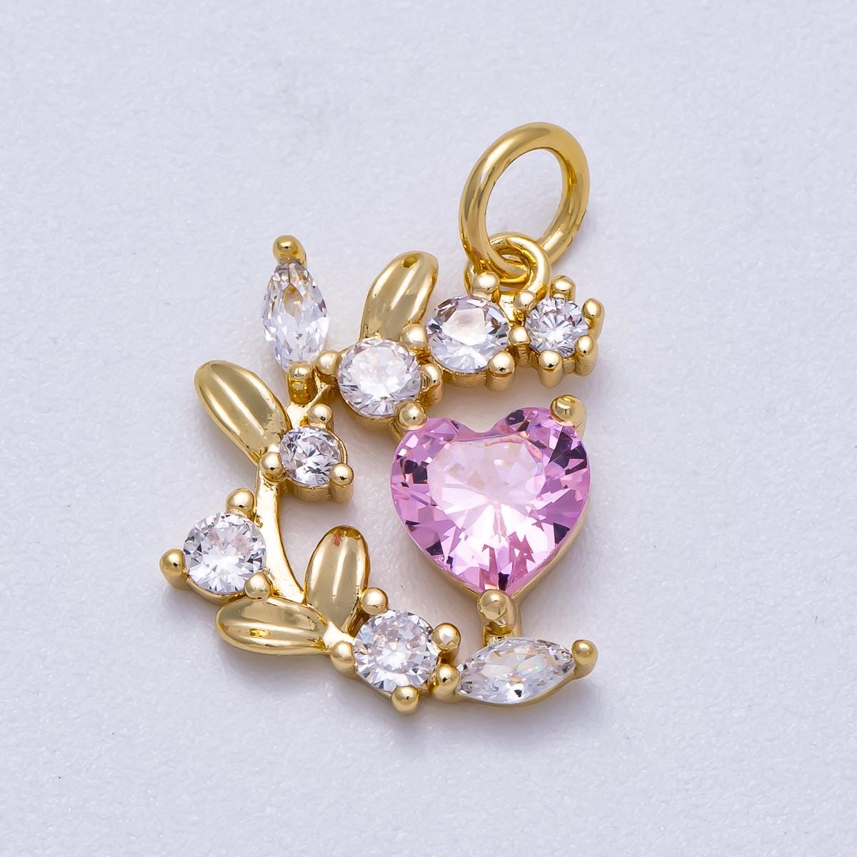 16K Gold Filled 16mm Pink Heart CZ Curved Leaf Flower Charm Dainty Wreath Pendant DIY Necklace Bracelet Making Romantic Gift | Charms-00539