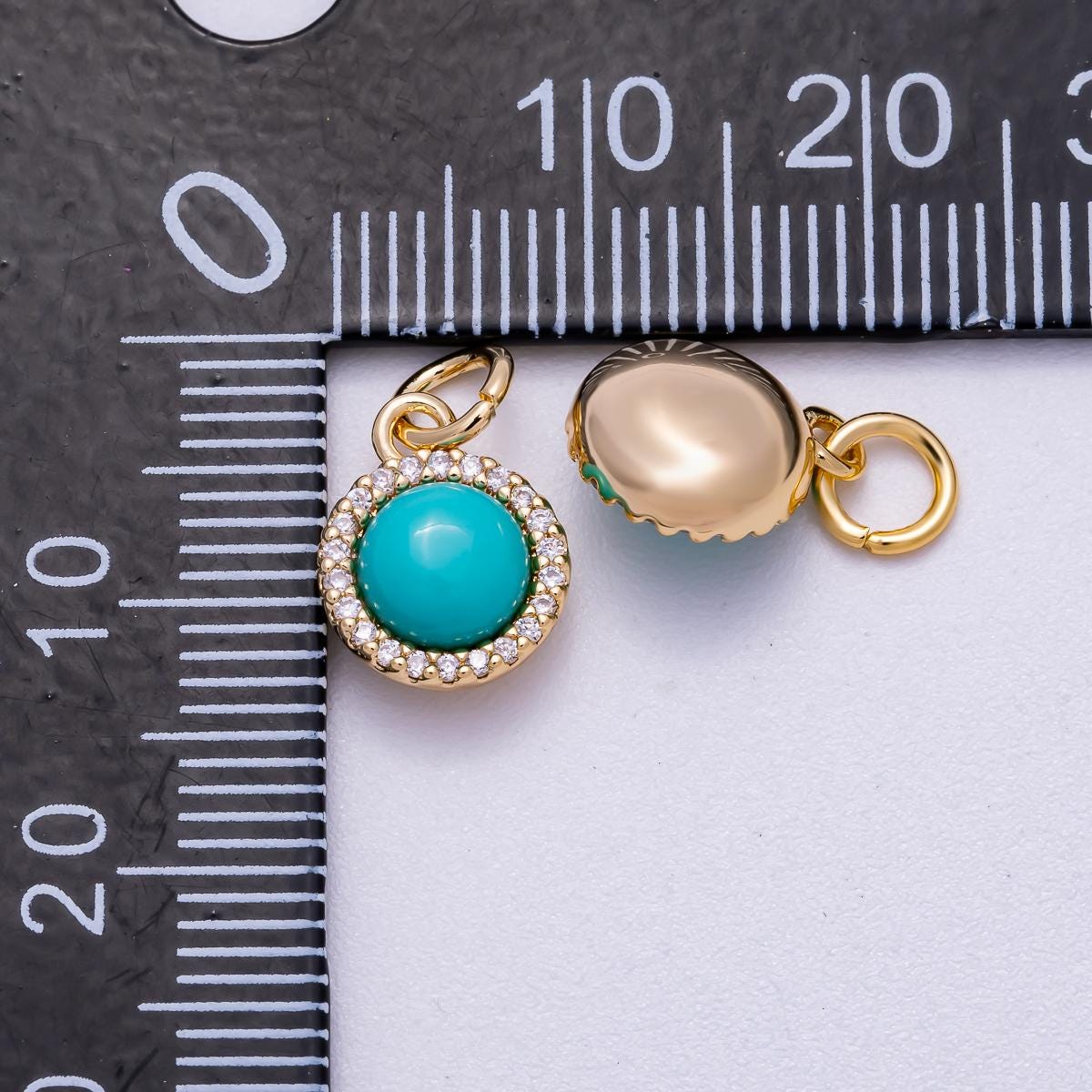 18K Gold Filled 11mm Turquoise Micro Paved CZ Round Bezel Mini Charm Round Gemstone Jewelry for DIY Necklace Bracelet Making | Charms-00551