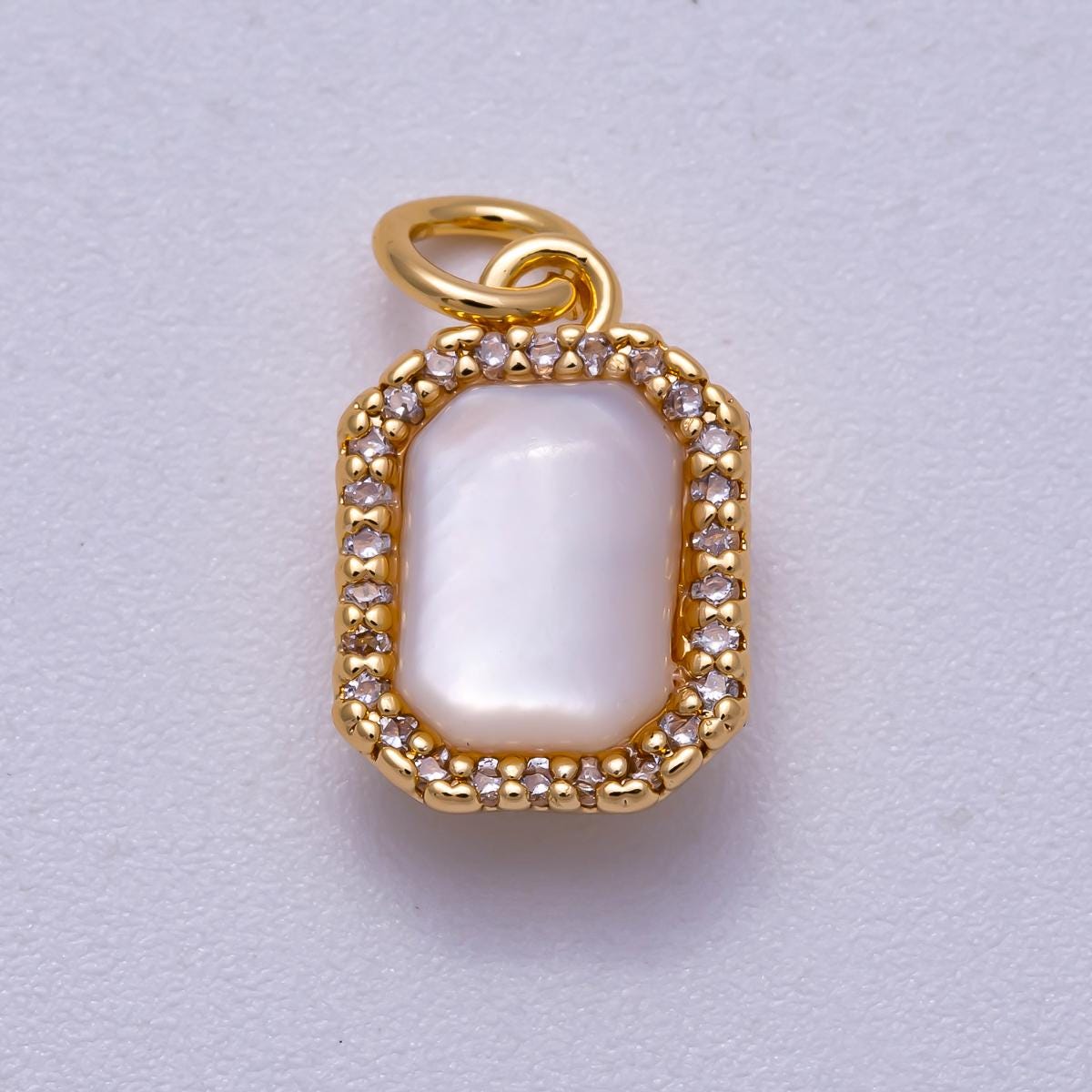 18K Gold Filled 13mm White Shell Pearl Micro Paved CZ Rectangle Bezel Mini Charm Dainty Bridal Jewelry DIY Necklace Bracelet | Charms-00552