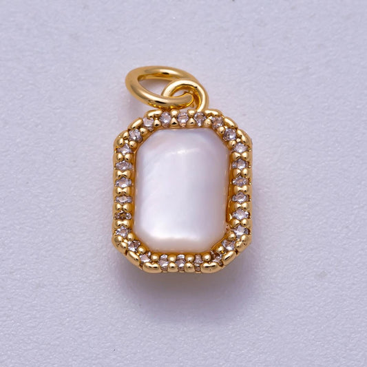 18K Gold Filled 13mm White Shell Pearl Micro Paved CZ Rectangle Bezel Mini Charm Dainty Bridal Jewelry DIY Necklace Bracelet | Charms-00552