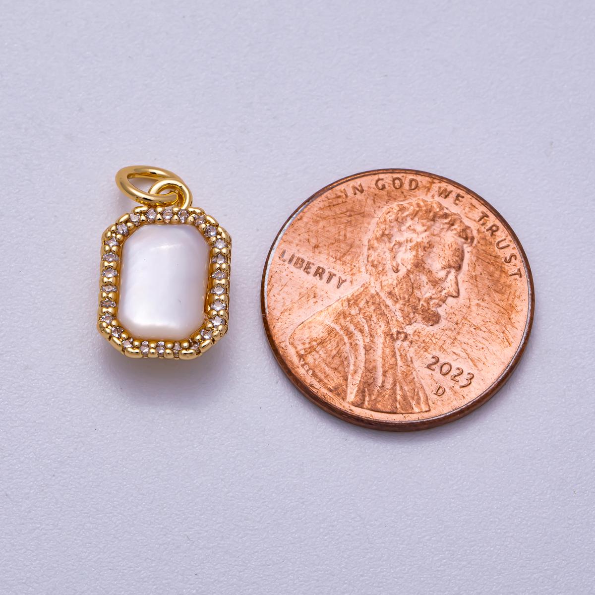 18K Gold Filled 13mm White Shell Pearl Micro Paved CZ Rectangle Bezel Mini Charm Dainty Bridal Jewelry DIY Necklace Bracelet | Charms-00552