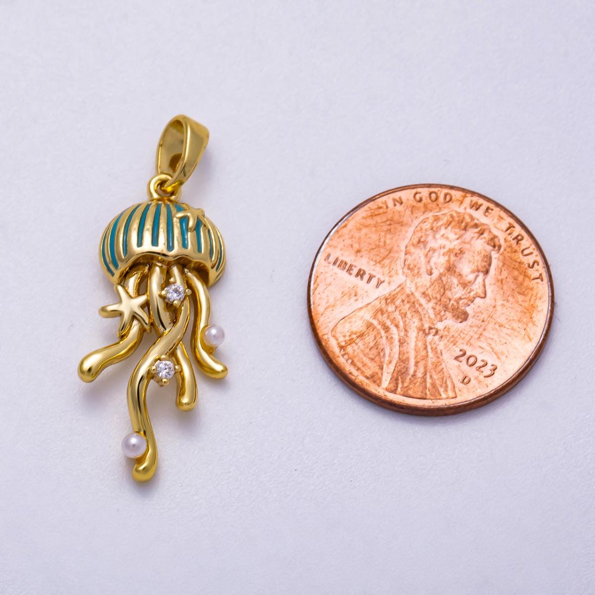 18k Gold Filled Jellyfish Charm Pendant, Clear CZ Stones Sea Life Jewelry Inspired Charms-596