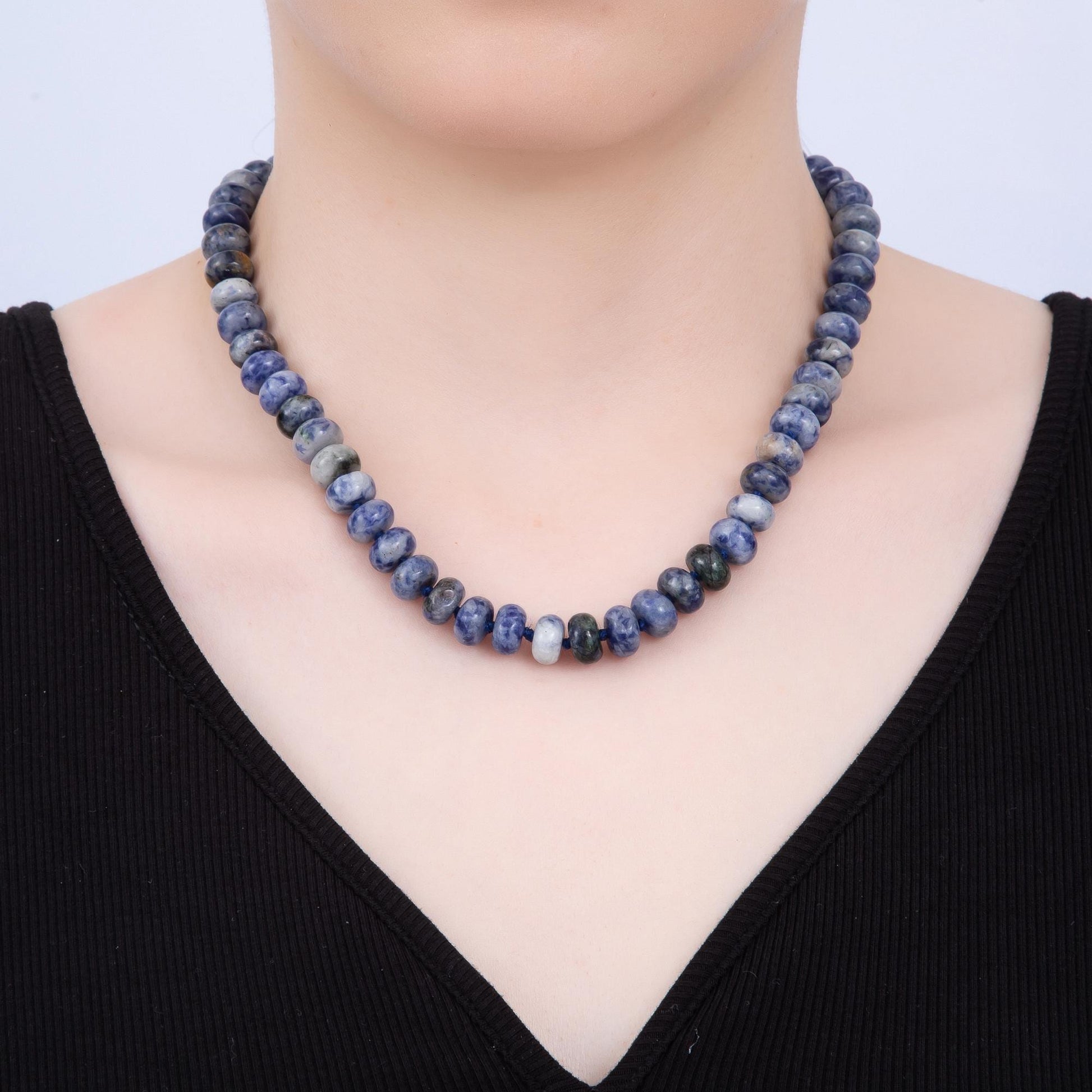 Dainty 6x10 mm Rondelle Gemstone Beaded Necklace Waterproof Beaded 17.3 inch Long w/ PVD Gold Stainless Steel Tarnish Free WA-4362