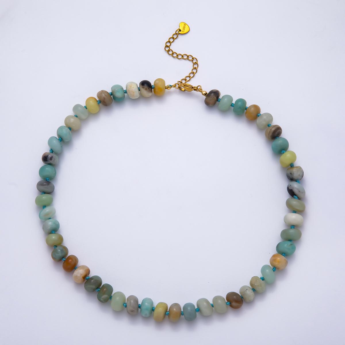 Dainty 6x10 mm Rondelle Gemstone Beaded Necklace Waterproof Beaded 17.3 inch Long w/ PVD Gold Stainless Steel Tarnish Free WA-4362