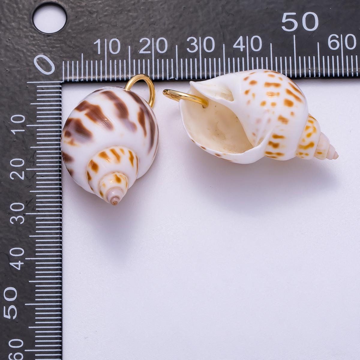 18K Gold Filled 33mm Spotted Conch Shell Charm Handmade Coastal Gift Brown and White Spiral Seashell Beach Inspired Gift | Charms-00556