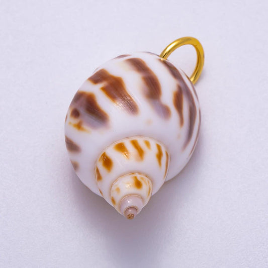 18K Gold Filled 33mm Spotted Conch Shell Charm Handmade Coastal Gift Brown and White Spiral Seashell Beach Inspired Gift | Charms-00556