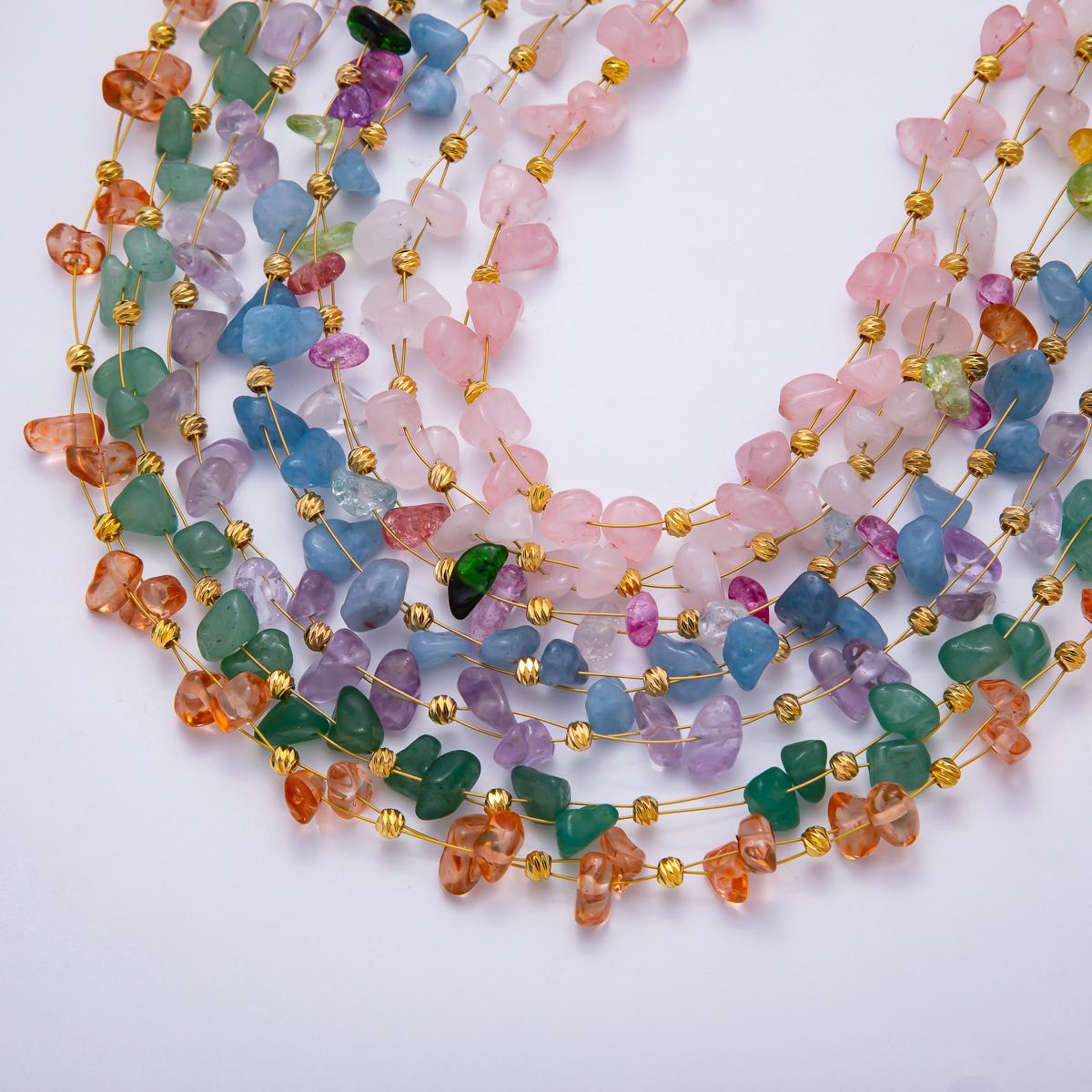 Handmade Rainbow Chipped Gemstone Necklace in Rose Quartz Aventurine, Amethyst Candy Jewelry 24k Gold Filled WA-4413