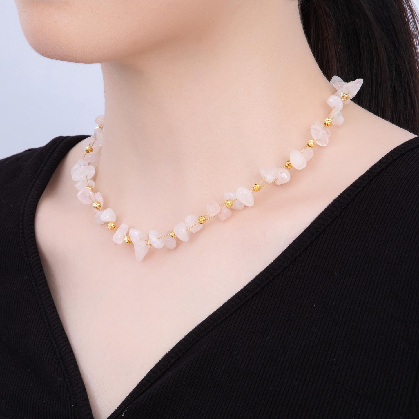 Handmade Rainbow Chipped Gemstone Necklace in Rose Quartz Aventurine, Amethyst Candy Jewelry 24k Gold Filled WA-4413