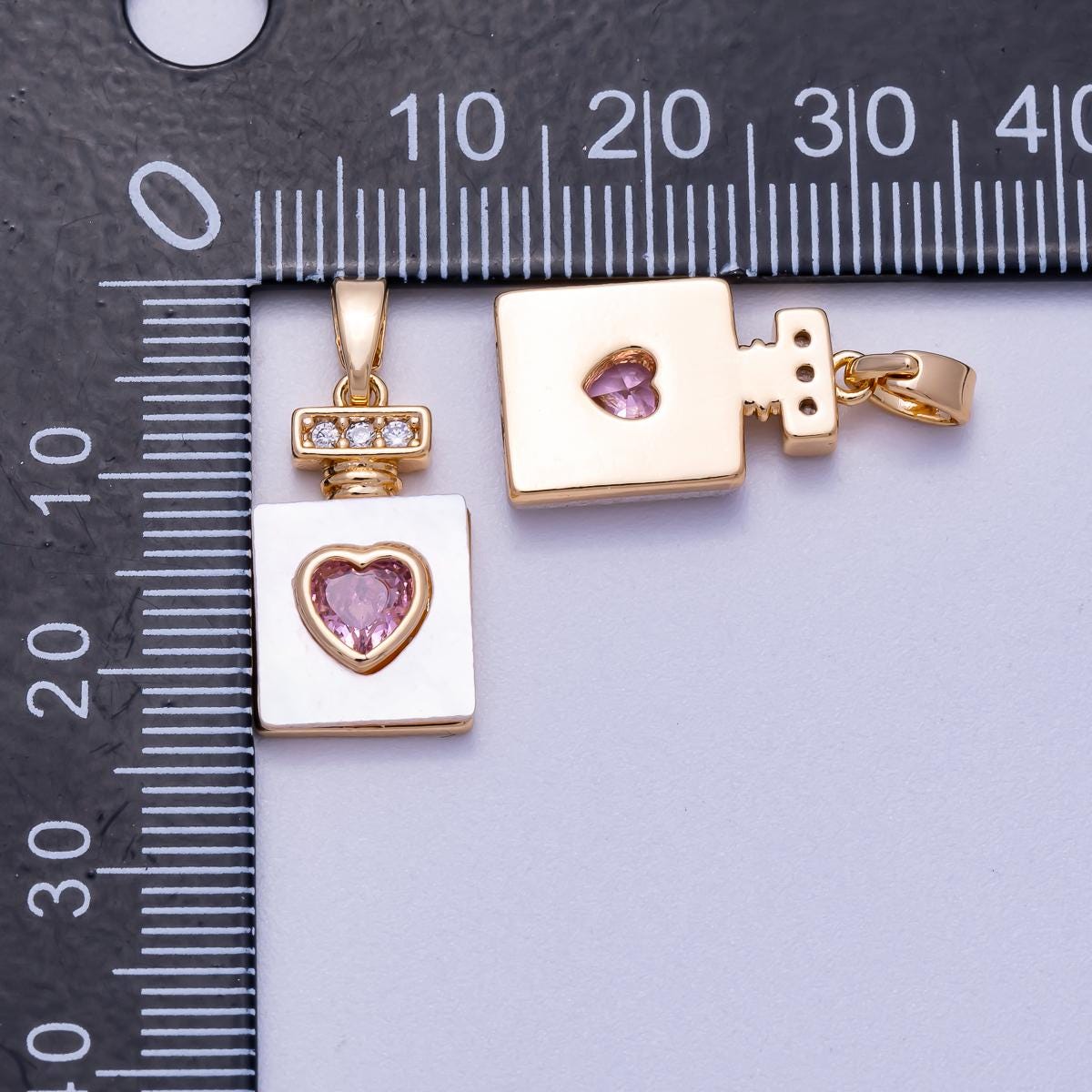 18k Gold fill Pink Heart Perfume Bottle Pendant Charm White Enamel CZ Accents Dainty Romantic Jewelry Charms-637