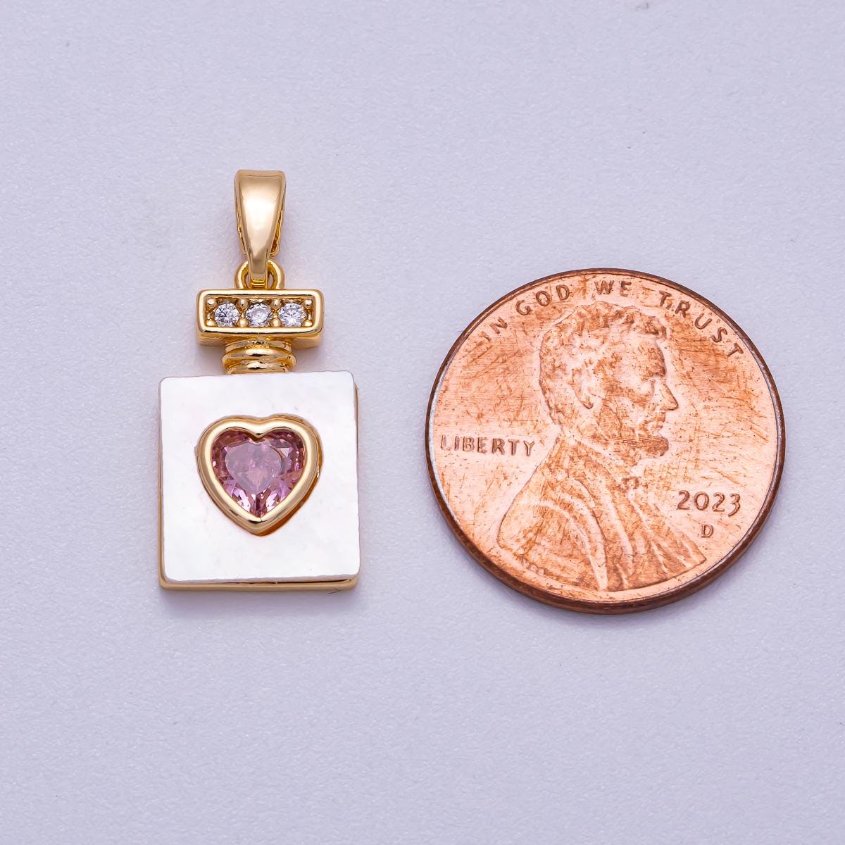 18k Gold fill Pink Heart Perfume Bottle Pendant Charm White Enamel CZ Accents Dainty Romantic Jewelry Charms-637
