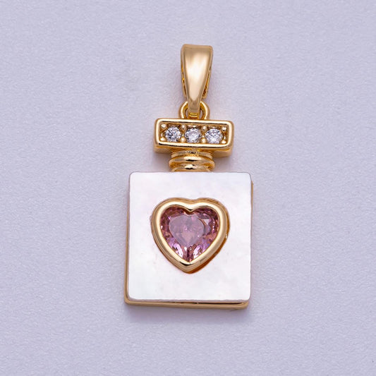 18k Gold fill Pink Heart Perfume Bottle Pendant Charm White Enamel CZ Accents Dainty Romantic Jewelry Charms-637