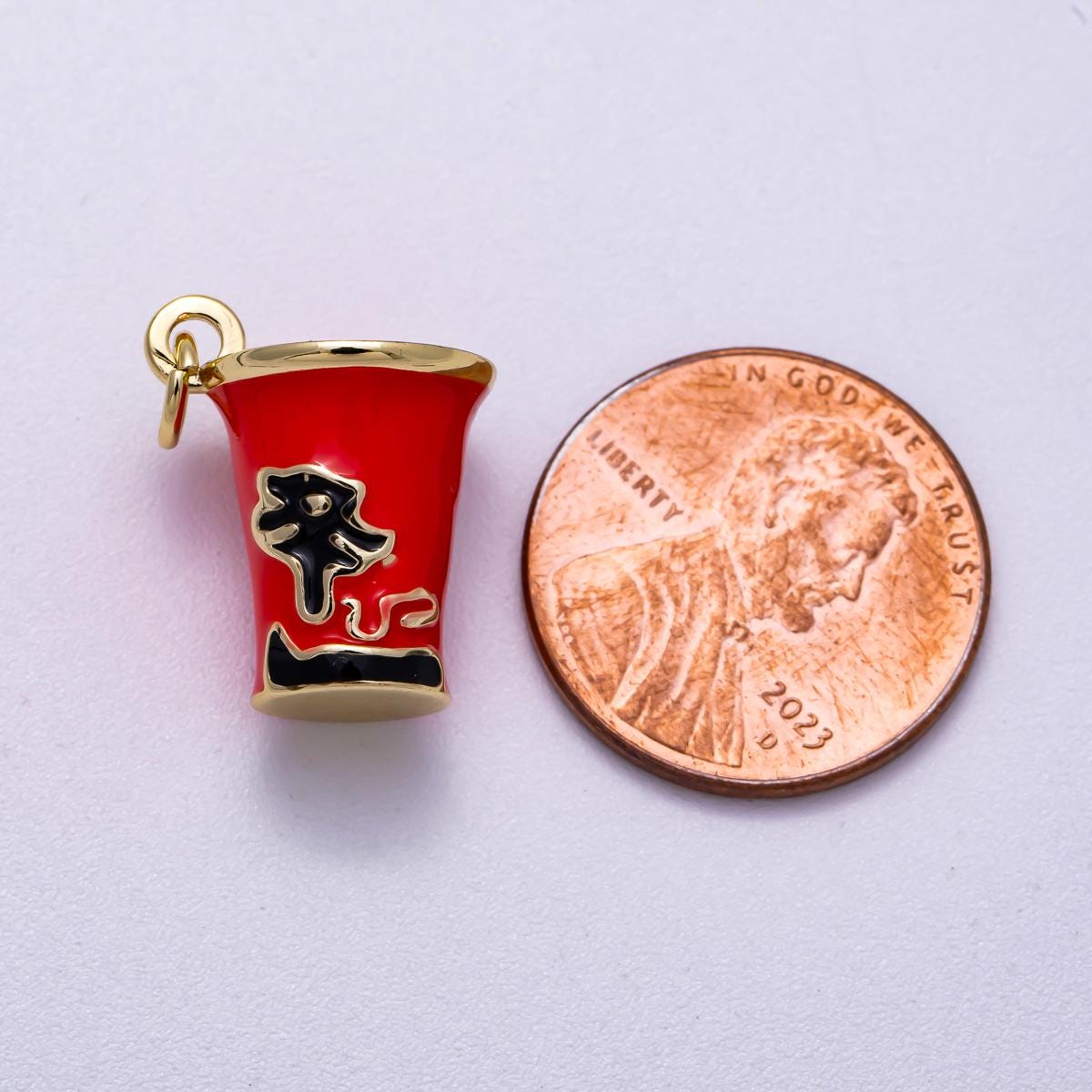 16K Gold Filled 17mm Red Enamel Ramen Instant Noodle Cup 3D Korean Food Charm Kawaii Food Jewelry Foodie Gift | Charms-00569