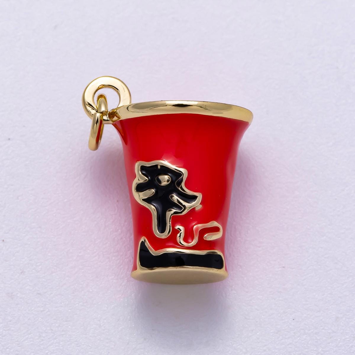 16K Gold Filled 17mm Red Enamel Ramen Instant Noodle Cup 3D Korean Food Charm Kawaii Food Jewelry Foodie Gift | Charms-00569
