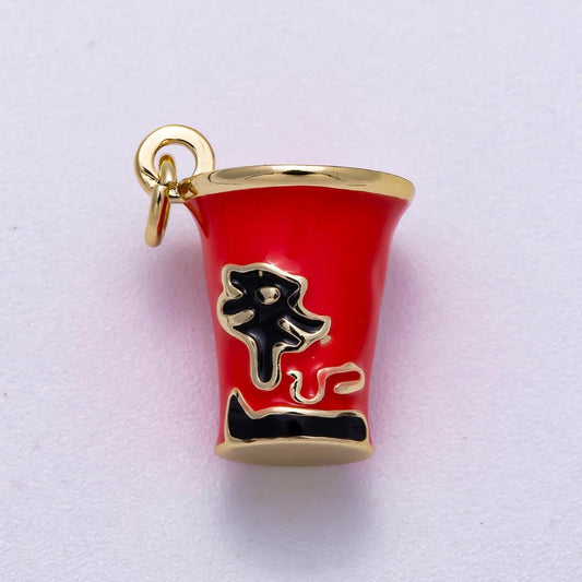 16K Gold Filled 17mm Red Enamel Ramen Instant Noodle Cup 3D Korean Food Charm Kawaii Food Jewelry Foodie Gift | Charms-00569
