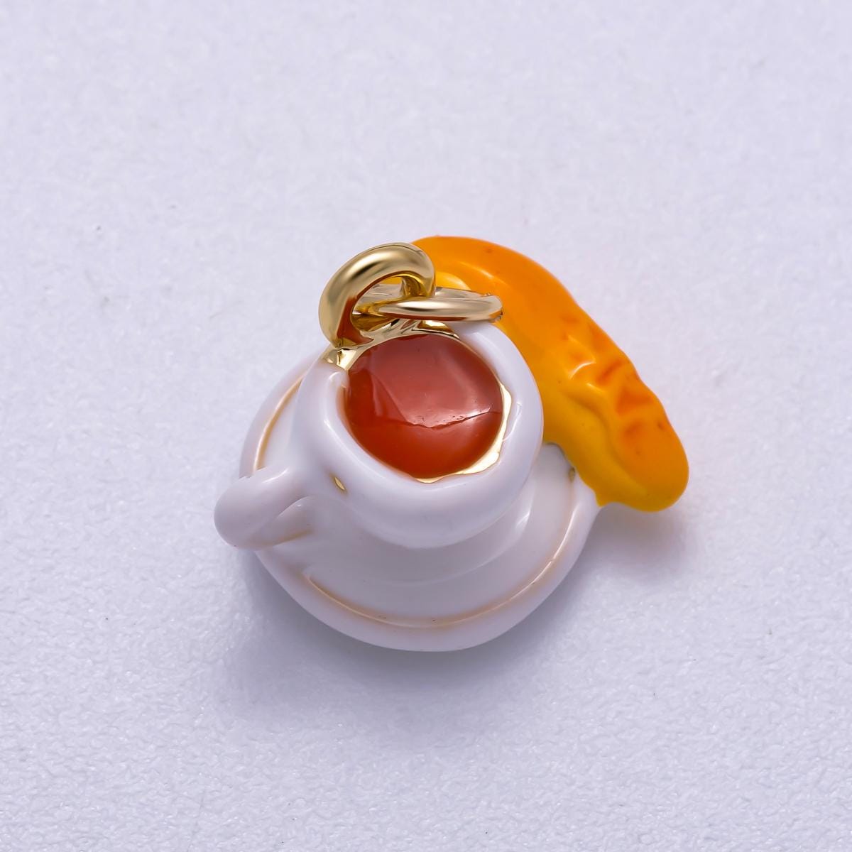 16K Gold Filled 14mm Coffee Baguette Breakfast Enamel 3D Multidimensional Charm Kawaii Latte Cup with Side Pendant | Charms-00570
