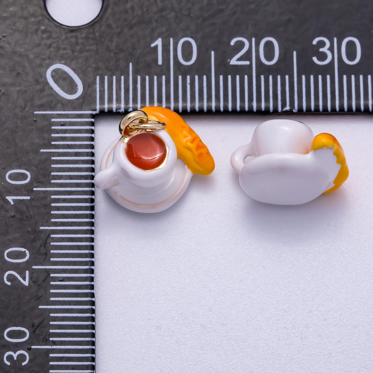 16K Gold Filled 14mm Coffee Baguette Breakfast Enamel 3D Multidimensional Charm Kawaii Latte Cup with Side Pendant | Charms-00570