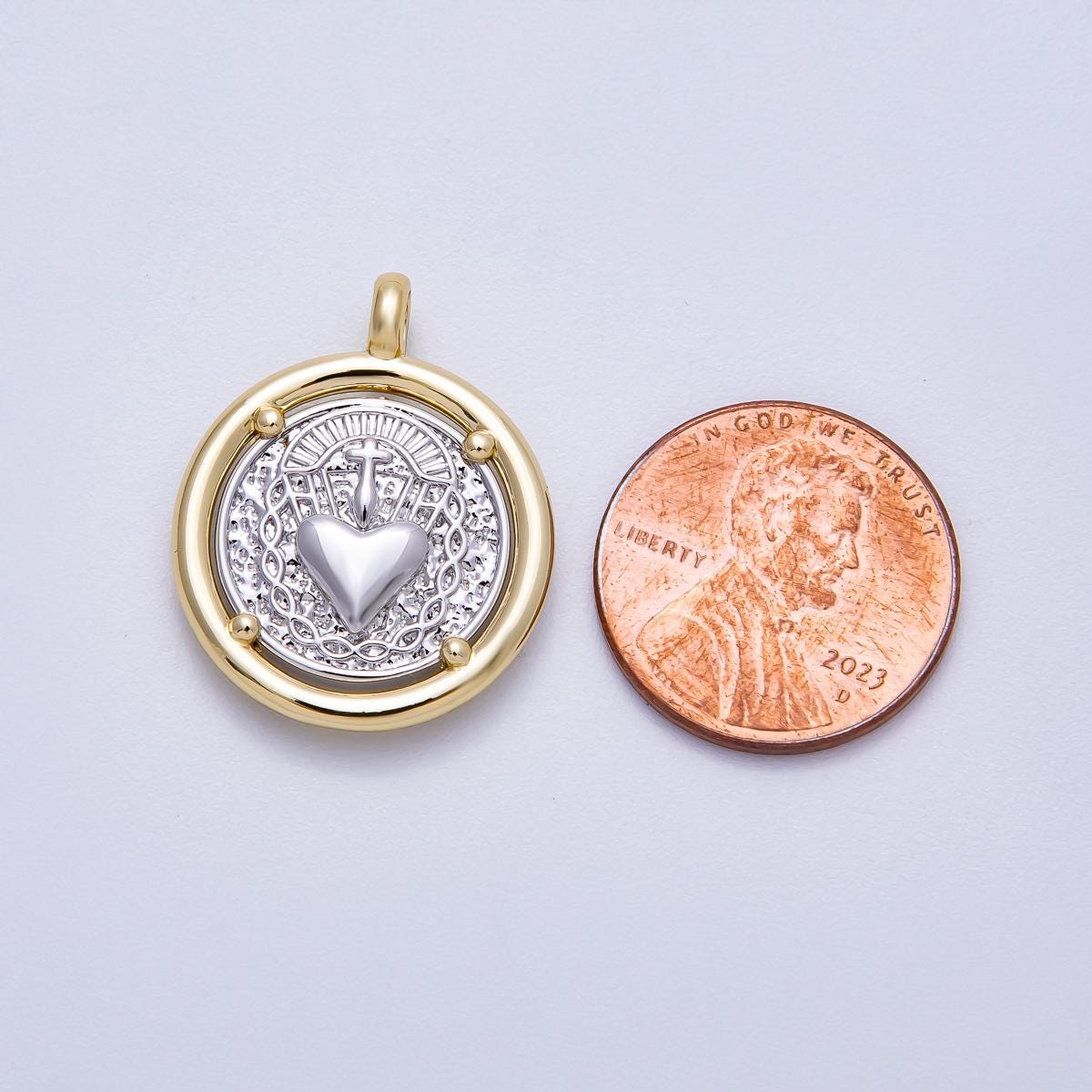 14K Gold Filled 25mm Textured Religious Sacred Heart Round Charm Two Tone Medallion for Jewelry Making Faith DIY Supply | Charms-00574