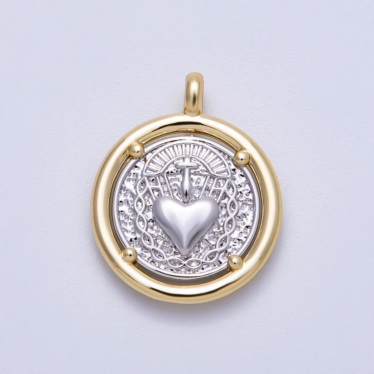 14K Gold Filled 25mm Textured Religious Sacred Heart Round Charm Two Tone Medallion for Jewelry Making Faith DIY Supply | Charms-00574