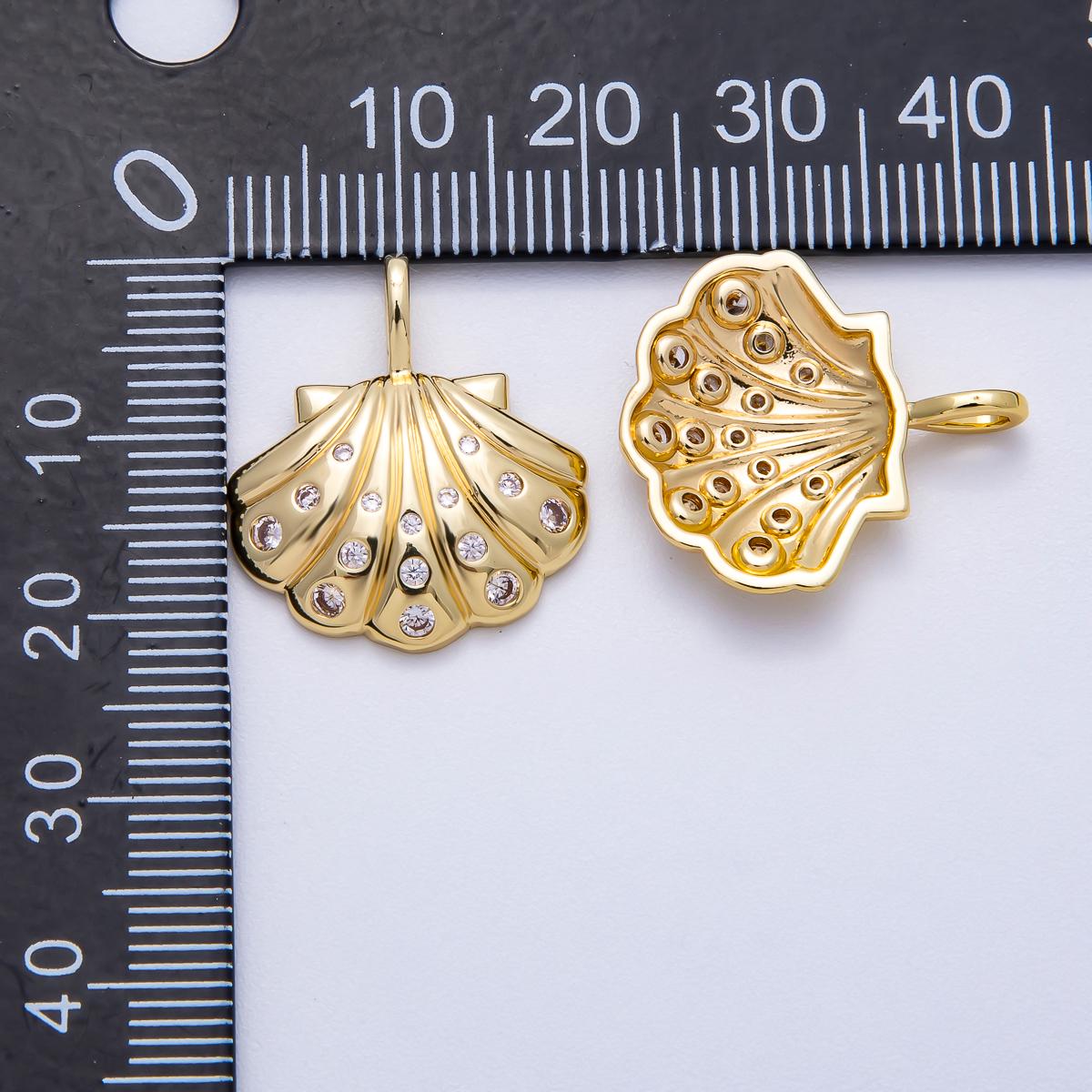 16K Gold Filled 22mm Clear CZ Dotted Clam Shell Pendant Scallop Seashell charm sparkling ocean DIY jewelry making supply | Charms-00575