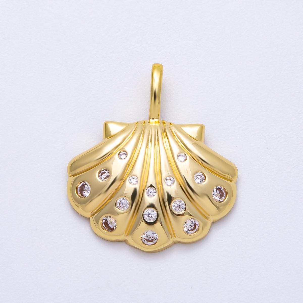 16K Gold Filled 22mm Clear CZ Dotted Clam Shell Pendant Scallop Seashell charm sparkling ocean DIY jewelry making supply | Charms-00575