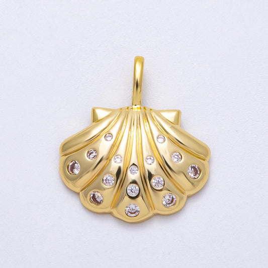 16K Gold Filled 22mm Clear CZ Dotted Clam Shell Pendant Scallop Seashell charm sparkling ocean DIY jewelry making supply | Charms-00575