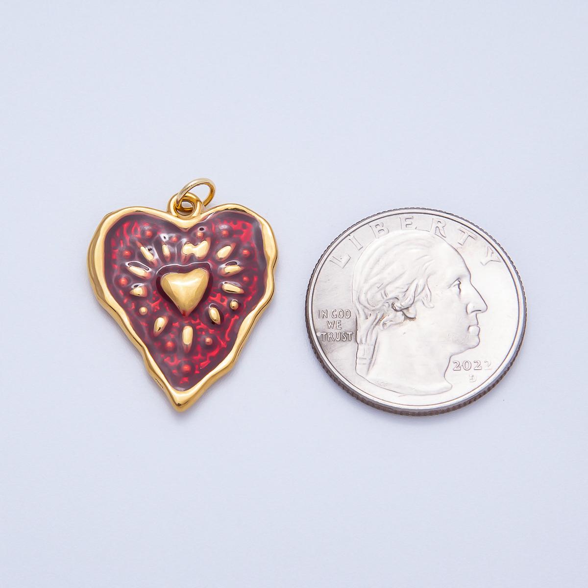 18k PVD Stainless Steel 26mm Red Enamel Heart Charm Sacred Heart Textured Organic Love Pendant DIY Jewelry Making Supply | CHARMS-00705