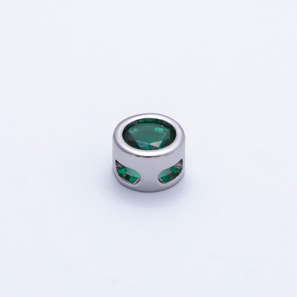 Rhodium Plated 8mm Bezel-Set Birthstone Rondelle Spacer Beads Crystal Rondelle Slider Charms Gemstone Custom Jewelry Making | Beads-00290