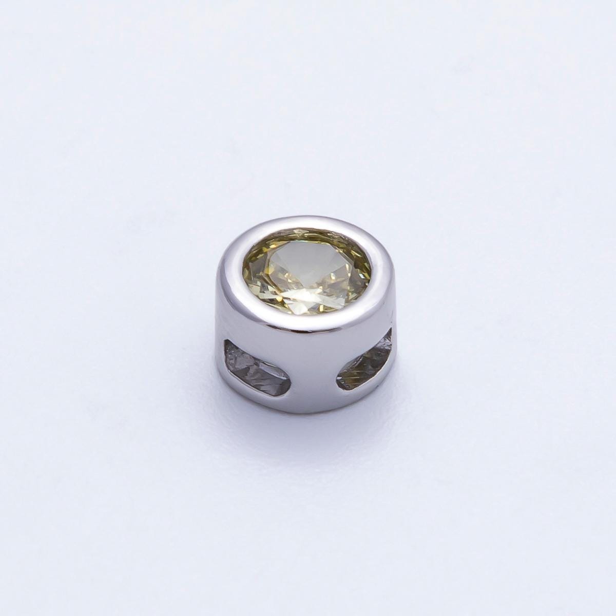 Rhodium Plated 8mm Bezel-Set Birthstone Rondelle Spacer Beads Crystal Rondelle Slider Charms Gemstone Custom Jewelry Making | Beads-00290