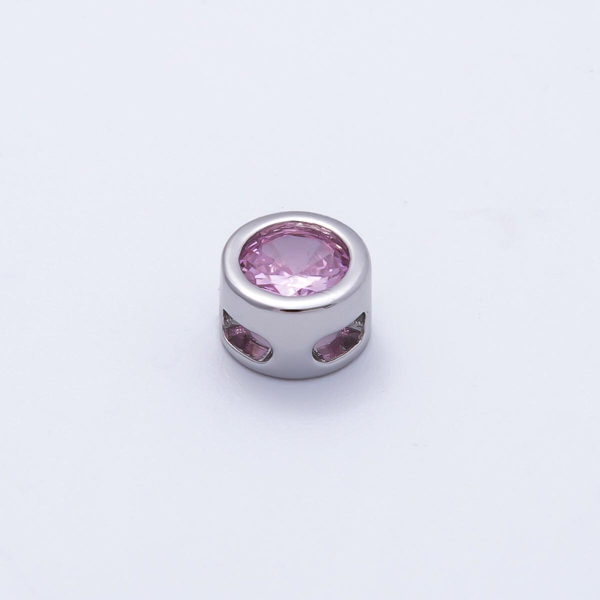 Rhodium Plated 8mm Bezel-Set Birthstone Rondelle Spacer Beads Crystal Rondelle Slider Charms Gemstone Custom Jewelry Making | Beads-00290