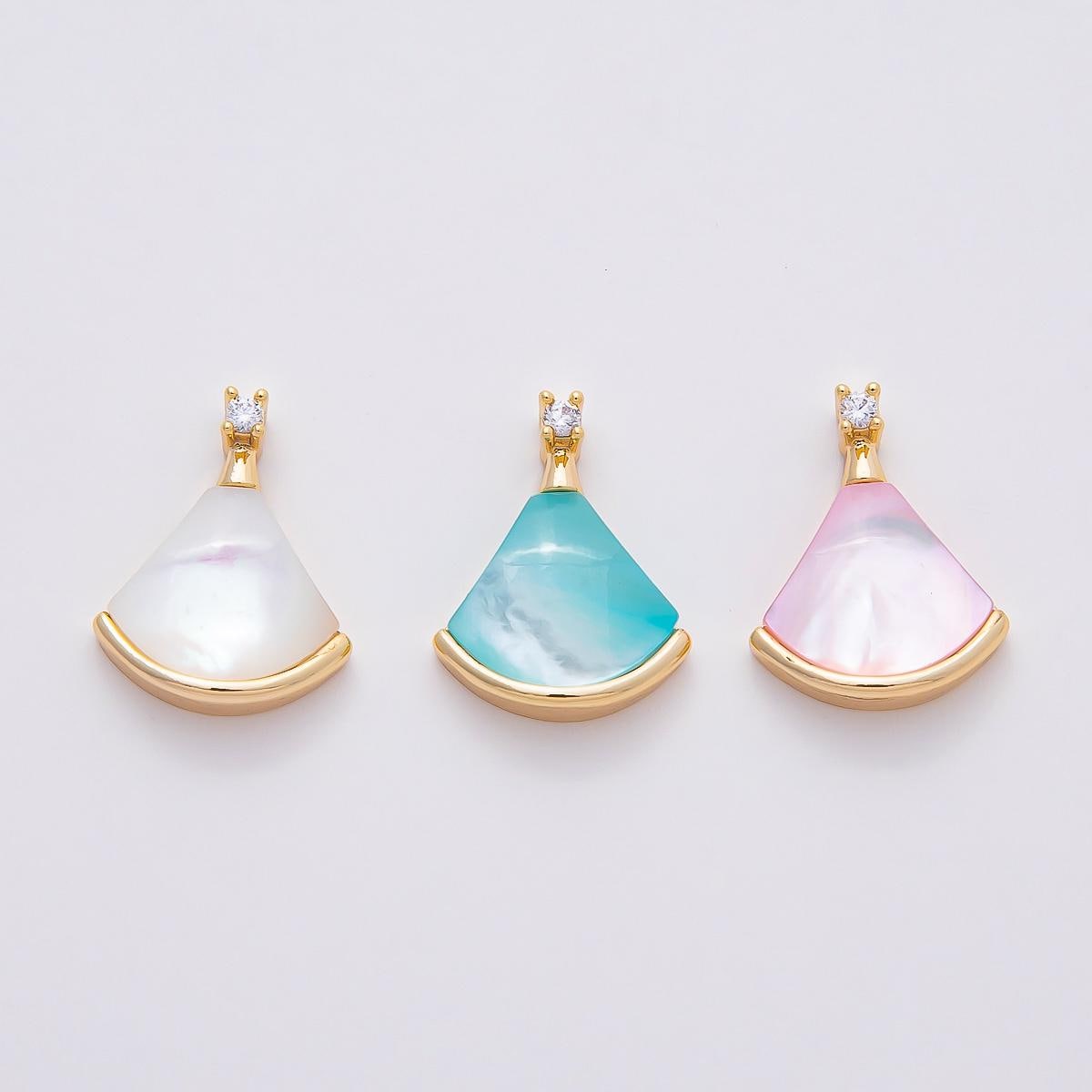 18K Gold Filled 17mm Clear CZ Mother of Pearl Triangle Fan Pendant Bridal Jewelry Charm for Necklace Making Elegant Accessory | Charms-00753