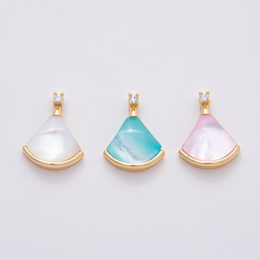 18K Gold Filled 17mm Clear CZ Mother of Pearl Triangle Fan Pendant Bridal Jewelry Charm for Necklace Making Elegant Accessory | Charms-00753