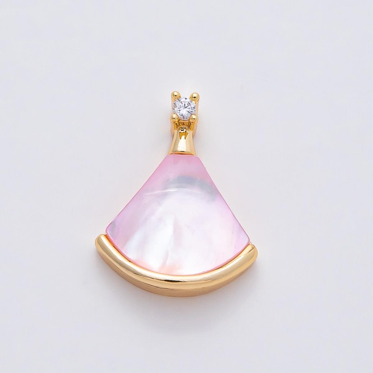 18K Gold Filled 17mm Clear CZ Mother of Pearl Triangle Fan Pendant Bridal Jewelry Charm for Necklace Making Elegant Accessory | Charms-00753