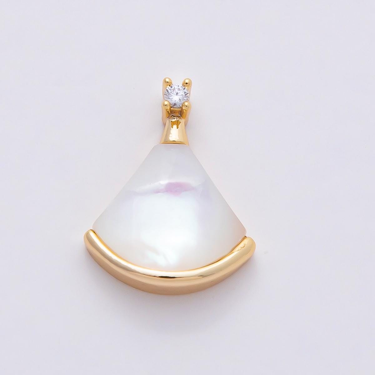 18K Gold Filled 17mm Clear CZ Mother of Pearl Triangle Fan Pendant Bridal Jewelry Charm for Necklace Making Elegant Accessory | Charms-00753