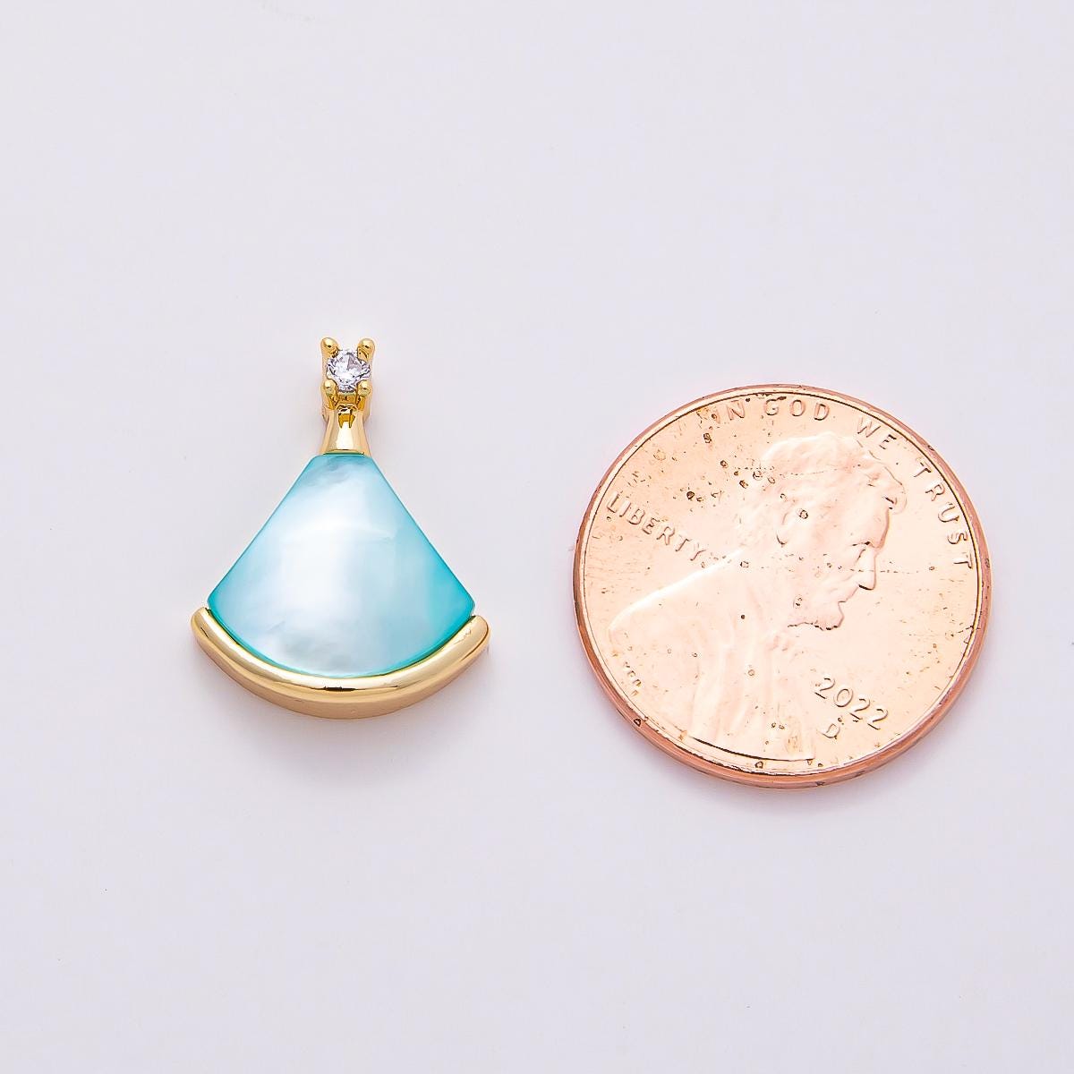 18K Gold Filled 17mm Clear CZ Mother of Pearl Triangle Fan Pendant Bridal Jewelry Charm for Necklace Making Elegant Accessory | Charms-00753