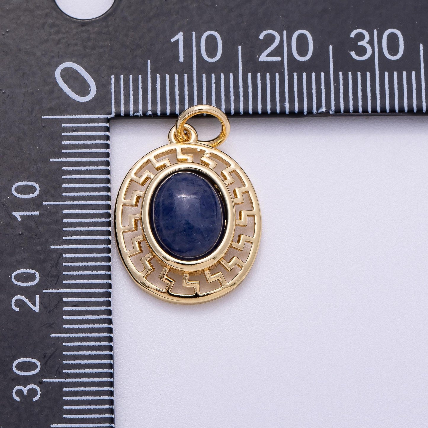 16K Gold Filled 20mm Blue Kyanite Cabochon Gemstone Open Geometric Bezel Oval Charm Ancient Greek Style Medallion Symbol | Charms-00599
