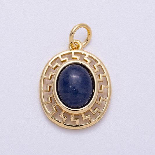 16K Gold Filled 20mm Blue Kyanite Cabochon Gemstone Open Geometric Bezel Oval Charm Ancient Greek Style Medallion Symbol | Charms-00599