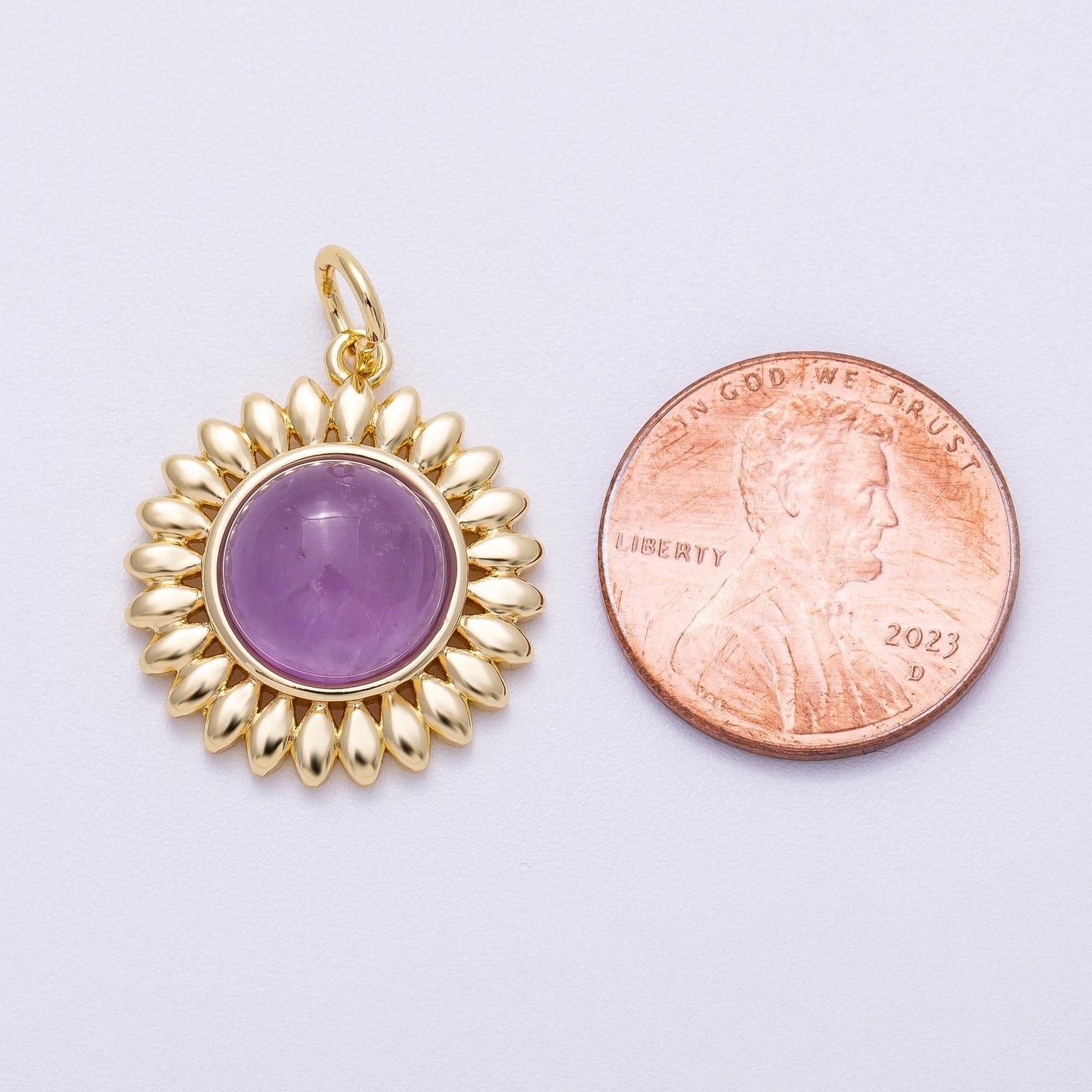 16K Gold Filled 21mm Carnelian, Aquamarine, Amethyst Round Cabochon Gemstone Flower Charm Boho Celestial Pendant Necklace | Charms-00600
