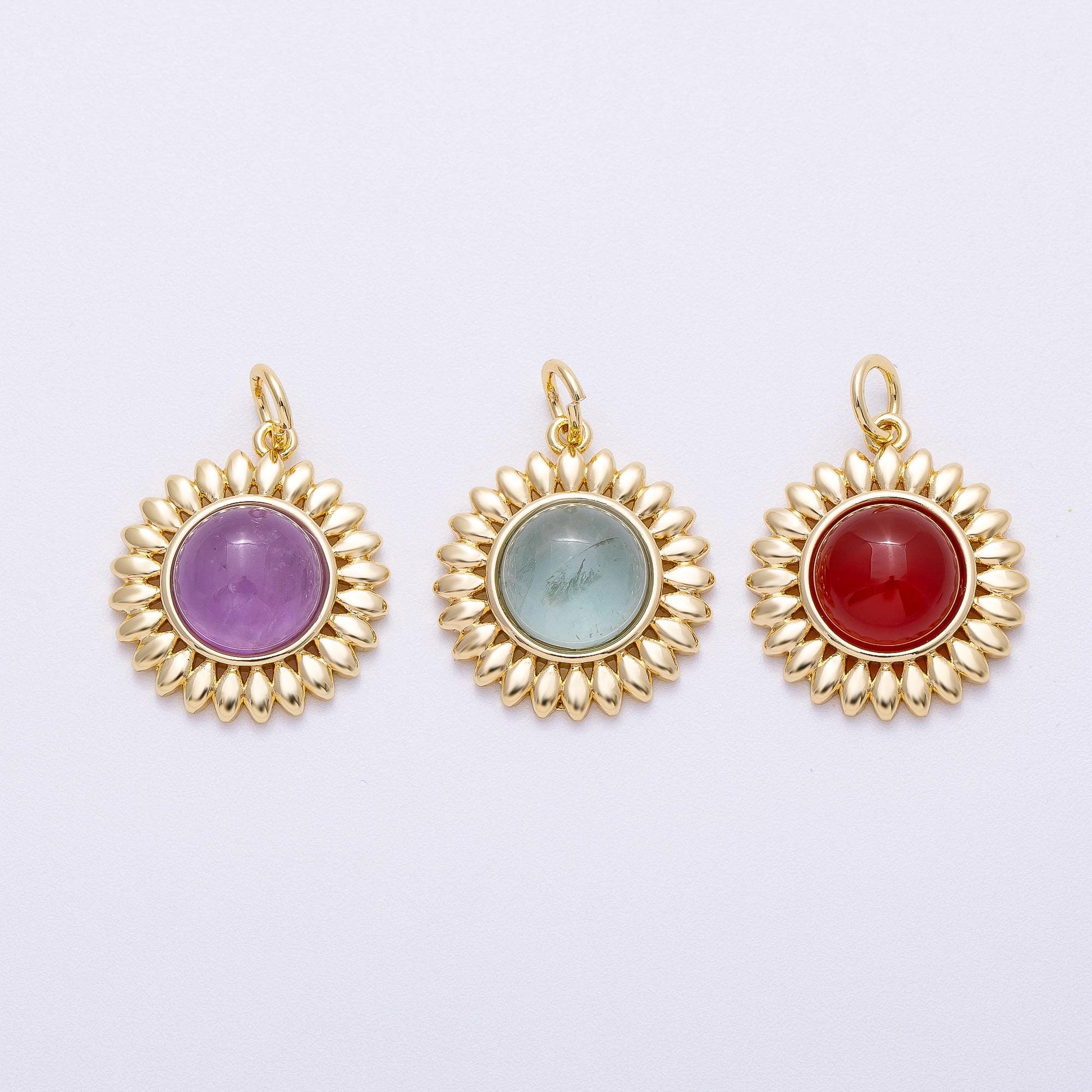 16K Gold Filled 21mm Carnelian, Aquamarine, Amethyst Round Cabochon Gemstone Flower Charm Boho Celestial Pendant Necklace | Charms-00600