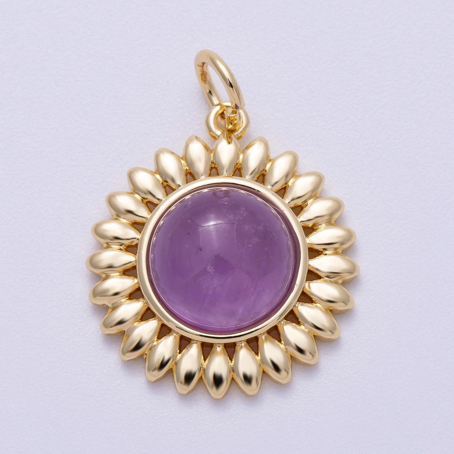 16K Gold Filled 21mm Carnelian, Aquamarine, Amethyst Round Cabochon Gemstone Flower Charm Boho Celestial Pendant Necklace | Charms-00600