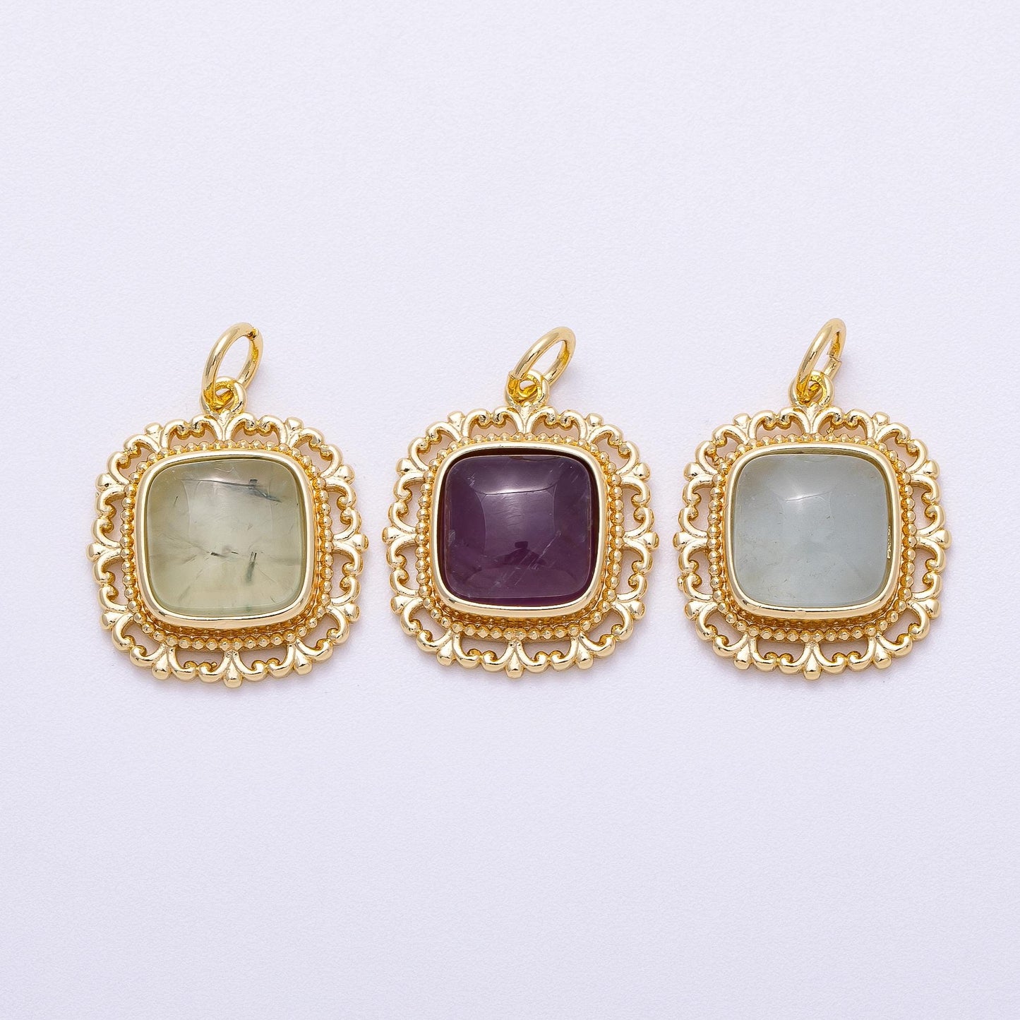 16K Gold Filled 20mm Aquamarine, Amethyst, Prehnite Square Gemstone Artisan Bezel Charm Ornate Filigree Vintage Style Supply | Charms-00603
