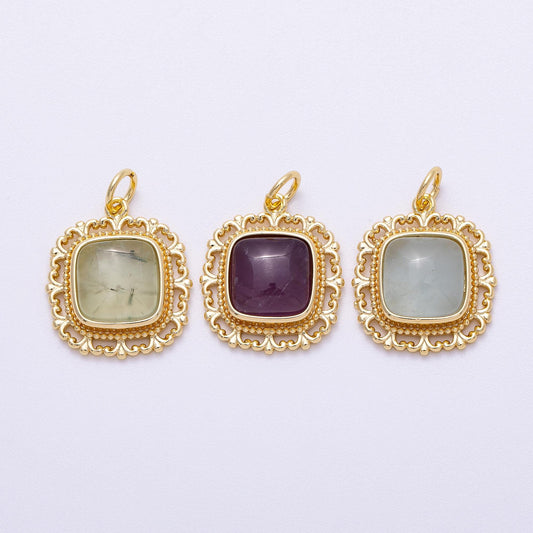 16K Gold Filled 20mm Aquamarine, Amethyst, Prehnite Square Gemstone Artisan Bezel Charm Ornate Filigree Vintage Style Supply | Charms-00603