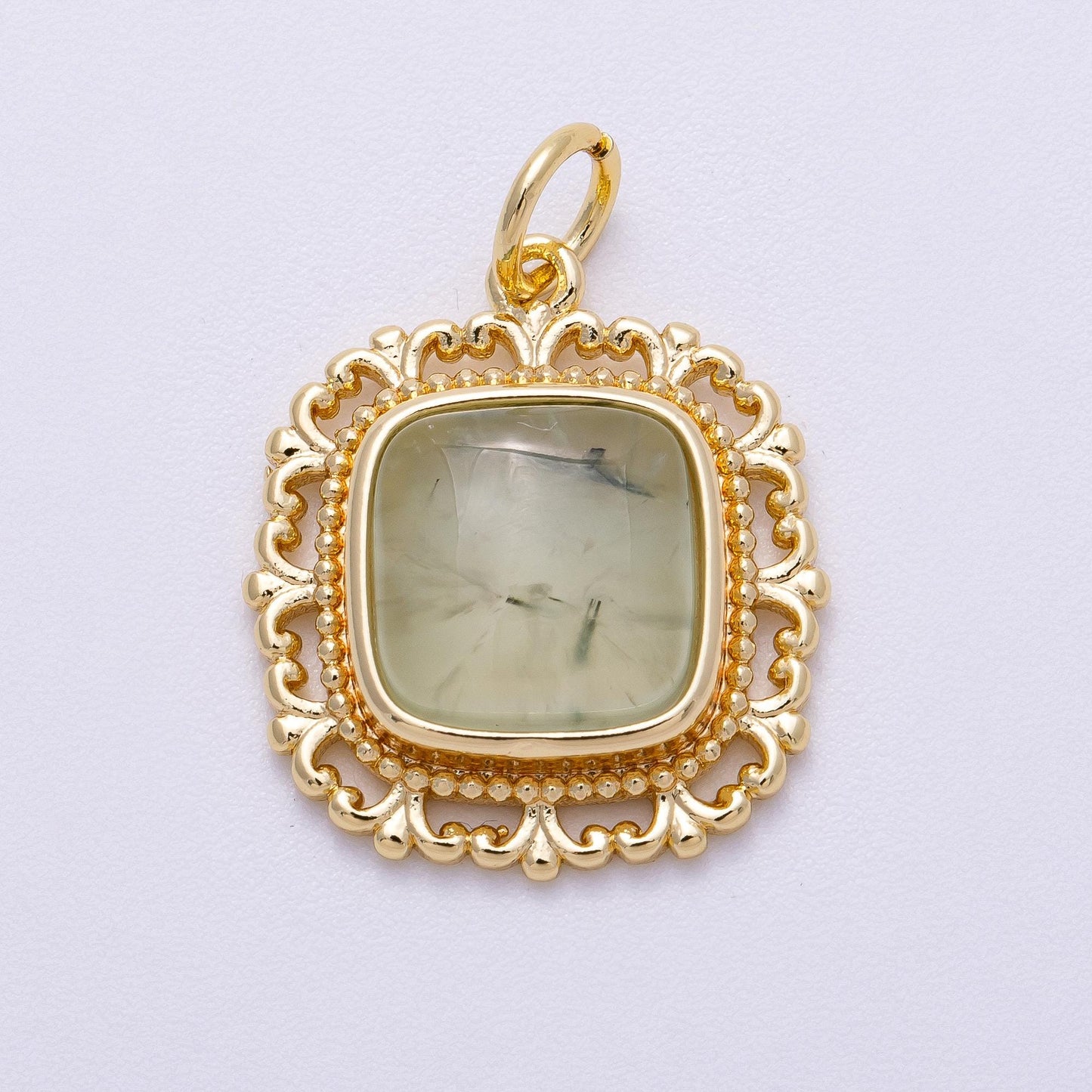 16K Gold Filled 20mm Aquamarine, Amethyst, Prehnite Square Gemstone Artisan Bezel Charm Ornate Filigree Vintage Style Supply | Charms-00603