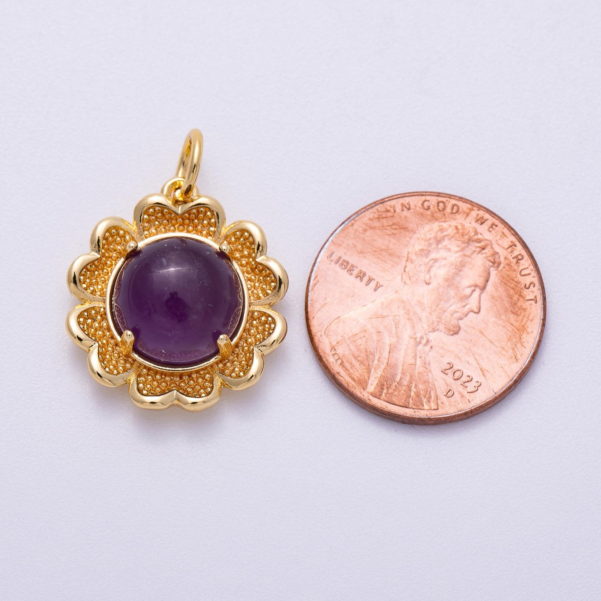 16K Gold Filled 19mm Amethyst, Carnelian Cabochon Gemstone Flower Charm Boho Celestial Sunflower Necklace Gift for Her | Charms-00608