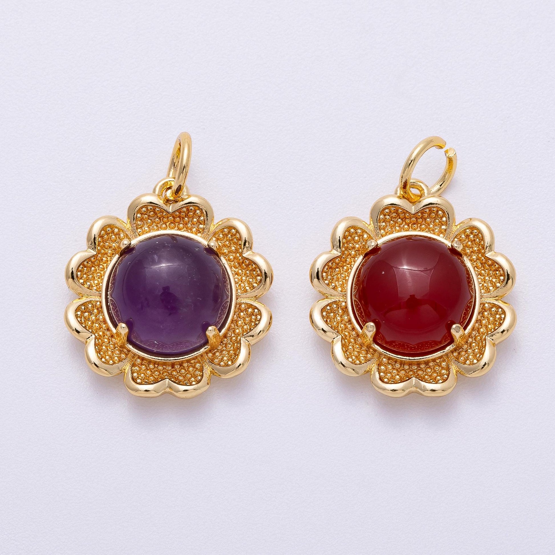 16K Gold Filled 19mm Amethyst, Carnelian Cabochon Gemstone Flower Charm Boho Celestial Sunflower Necklace Gift for Her | Charms-00608