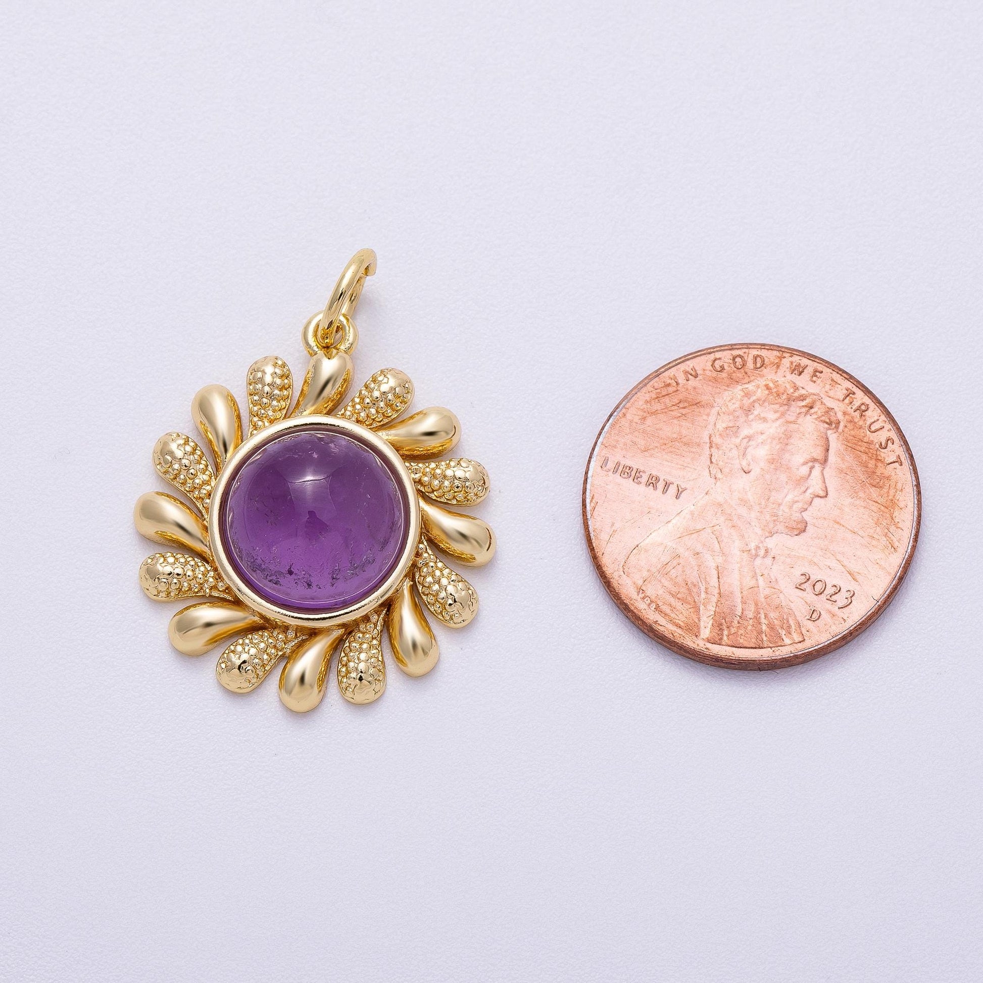 16K Gold Filled 23mm Amethyst, Carnelian Cabochon Gemstone Celestial Sun Ray Charm Textured Boho Sunburst Necklace DIY Supply | Charms-00610