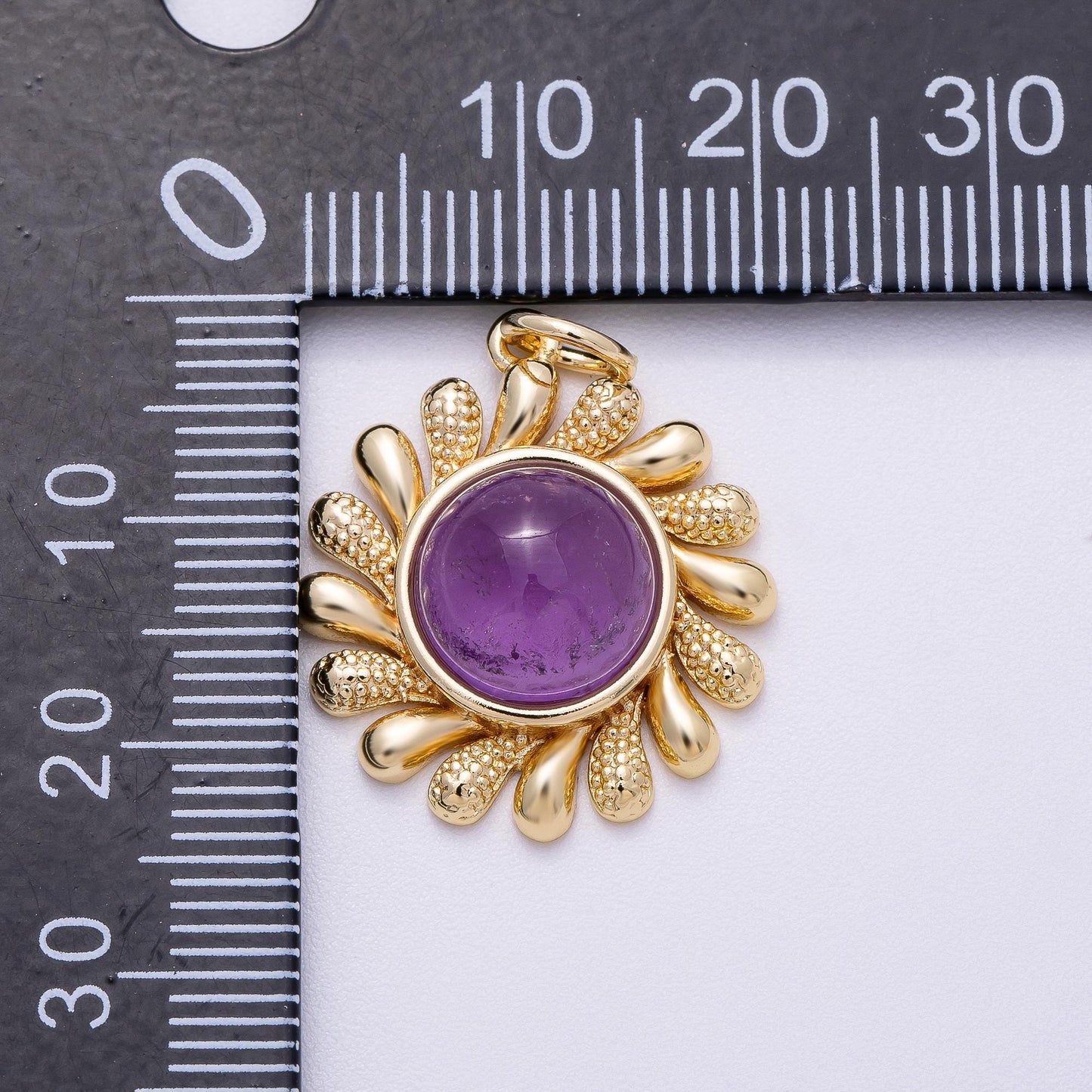 16K Gold Filled 23mm Amethyst, Carnelian Cabochon Gemstone Celestial Sun Ray Charm Textured Boho Sunburst Necklace DIY Supply | Charms-00610