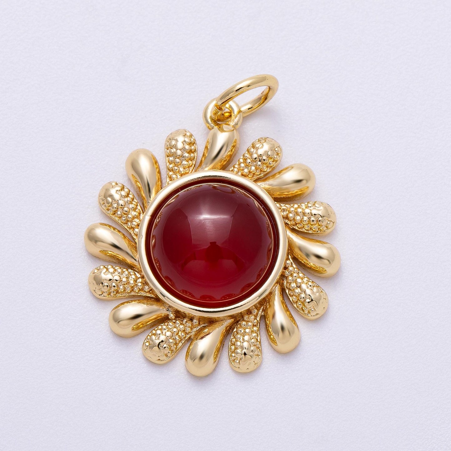 16K Gold Filled 23mm Amethyst, Carnelian Cabochon Gemstone Celestial Sun Ray Charm Textured Boho Sunburst Necklace DIY Supply | Charms-00610